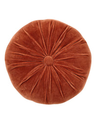 The Casa Amarosa Mini Velvet Round Pillow in Rust features elegant petaled pleats radiating from a central button—a stylish decorative accent for any space.
