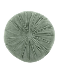 The Casa Amarosa Mini Velvet Round Pillow in Sage Green features soft cotton velvet with a central button and decorative pleats, offering a stylish, plush accent when viewed from above.