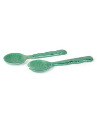 The Casa Amarosa Resin Salad Server Set in Green features two servers with textured handles, shown side by side on a white background.