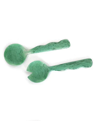 Casa Amarosas Resin Salad Server Set in Green features two handmade marbled servers—a spoon and a fork with textured handles—shown on a white background.