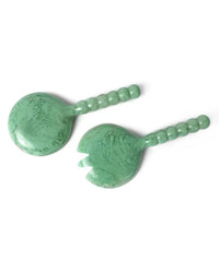 The Casa Amarosa Resin Short Salad Server Set in Green includes two handmade servers with round, textured handles—one solid spoon and one fork—for easy salad serving.