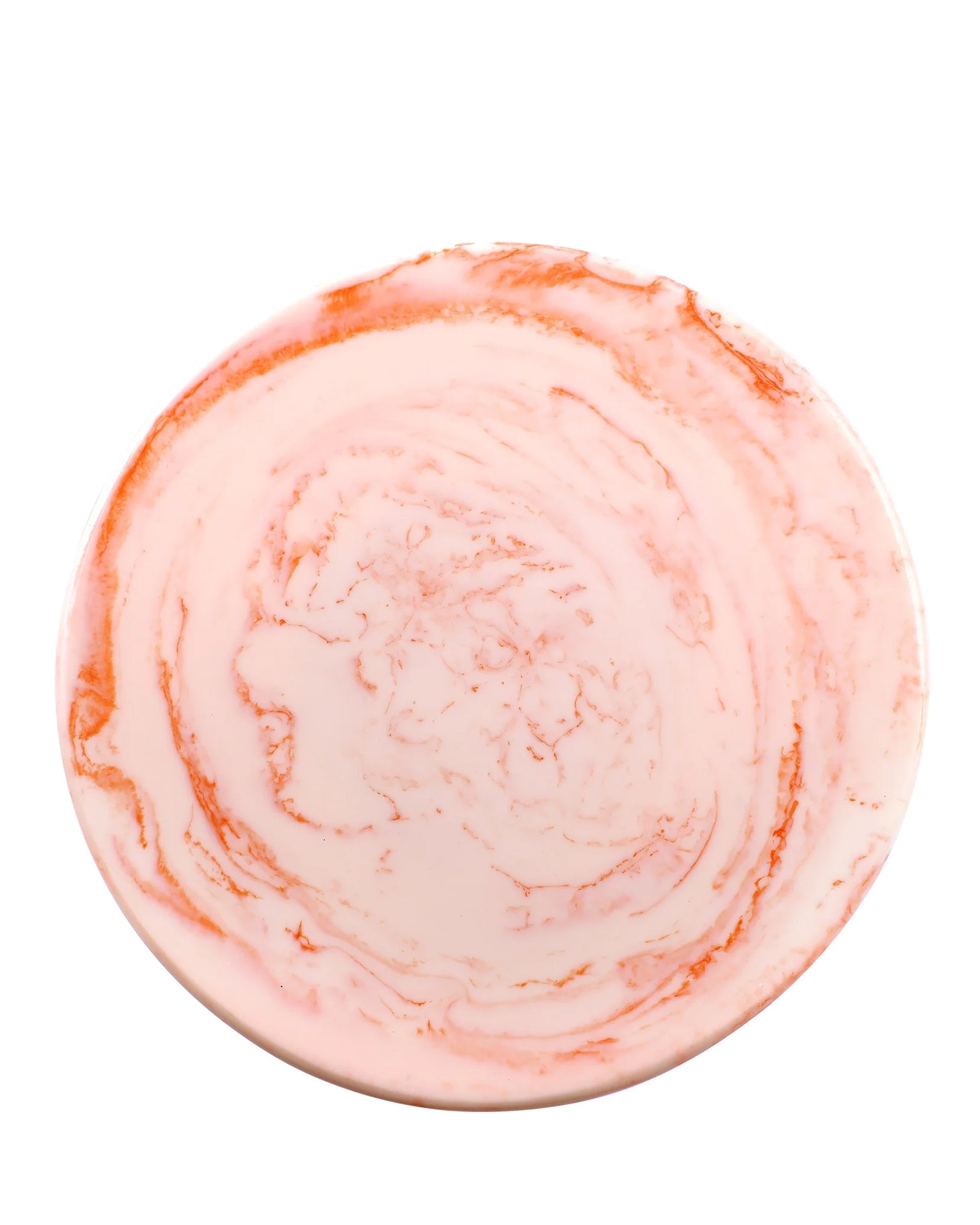 The Scallop Resin Cake Stand in Ivory Pink by Casa Amarosa, featuring a pink and white marbled design, is shown from above against a white background.