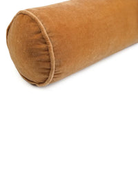 The Velvet Bolster Pillow in Clay by Casa Amarosa is displayed on a white background—a chic, cylindrical accent to elevate luxe home décor.