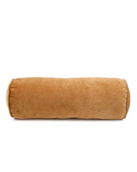The Casa Amarosa Velvet Bolster Pillow in Clay features soft cotton velvet with a suede-like texture, adding a touch of luxury to any home décor. Shown here in its cylindrical shape against a white background.