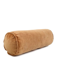 The Casa Amarosa Velvet Bolster Pillow in Clay features a cylindrical shape and soft cotton velvet for a plush texture, making it ideal for luxe home décor; shown against a white background.