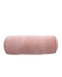 The Casa Amarosa Velvet Bolster Pillow in Pink, crafted from soft cotton velvet, is shown from the side against a white background—an elegant accent for luxe home décor.