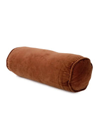 The Casa Amarosa Velvet Bolster Pillow in Rust features a cylindrical design in sumptuous cotton velvet, bringing luxe home décor style to any setting, shown here against a crisp white background.
