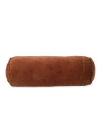 The Casa Amarosa Velvet Bolster Pillow in Rust features a soft cotton velvet texture and cylindrical shape, shown against a white background—ideal for adding luxe style to your home décor.