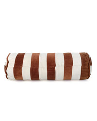 The Casa Amarosa Velvet Stripe Bolster Pillow in Rust & Off White features horizontal stripes on soft cotton velvet, bringing a touch of luxe home décor to any space.