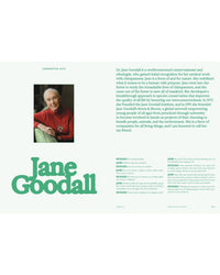 A portrait of Dr. Jane Goodall sits above a biography of her conservation work, embodying the spirit of nature-inspired wellness. Flamingo Estate: The Guide to Becoming Alive by Chronicle Books appears in bold green text.