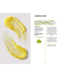 Two smears of yellow lemon curd on white, next to a Saucy recipe from Chronicle Books, with clear instructions and ingredient list on a light gray panel—ideal inspiration for easy everyday cooking sauces.