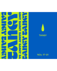A blue and neon green graphic for Saucy by Chronicle Books features TANGY, a droplet icon, and NOs. 17–21; bold, mirrored text runs vertically on the left—ideal inspiration for easy sauces in everyday cooking.
