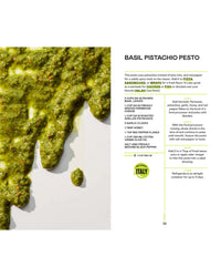 Close-up of Saucy, a basil pistachio pesto from Chronicle Books, spread on a white surface next to a recipe—ideal inspiration for quick sauces to elevate everyday meals.