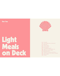 A pink and cream menu page titled Light Meals on Deck features a shell icon, pescatarian recipes from the Sea Lovers Cookbook by Chronicle Books, and a list of meal items with page numbers on the right.