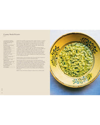 A bowl of creamy nettle risotto on a yellow leaf-patterned plate sits beside a recipe page from Chronicle Books’ “Wild Figs and Fennel,” Letitia Clark’s seasonal Mediterranean cookbook describing this Italian dish.