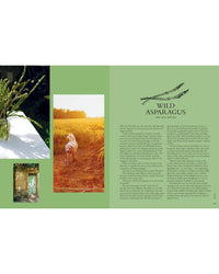 A magazine spread showcases the title Wild Figs and Fennel by Chronicle Books, three photos of figs, a dog in a field, and a doorway, plus descriptive text inspired by Italian recipes on a green background.