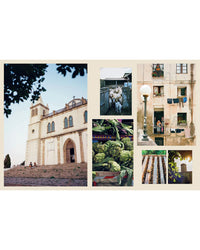 Collage of six photos—historic church, goats, apartment with laundry, artichokes, bread, and a sunset—evokes the rustic Mediterranean charm of Wild Figs and Fennel by Chronicle Books.