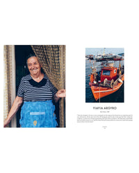 An older woman in a striped shirt and blue apron smiles in a doorway beside a photo of an orange fishing boat named YIAYIA, from Chronicle Books’ Yiayia, celebrating regional Greek cookery and beloved recipes.
