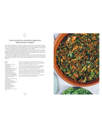 A Levantine tabbouleh recipe from Yiayia by Chronicle Books is shown on the left, with a close-up of the finished dish in a brown bowl on the right—ideal for fans of regional and vegetarian Greek cuisine.
