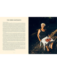 An elderly woman with short white hair sits outdoors, holding a bowl of peaches. Dressed stylishly, she embodies the spirit of Greek cooking featured in Yiayia by Chronicle Books.