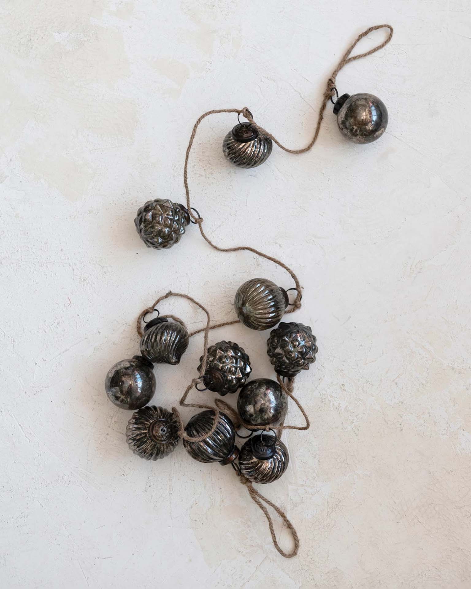 Mercury Glass 2in Ornament Garland, Antique Pewter on Jute