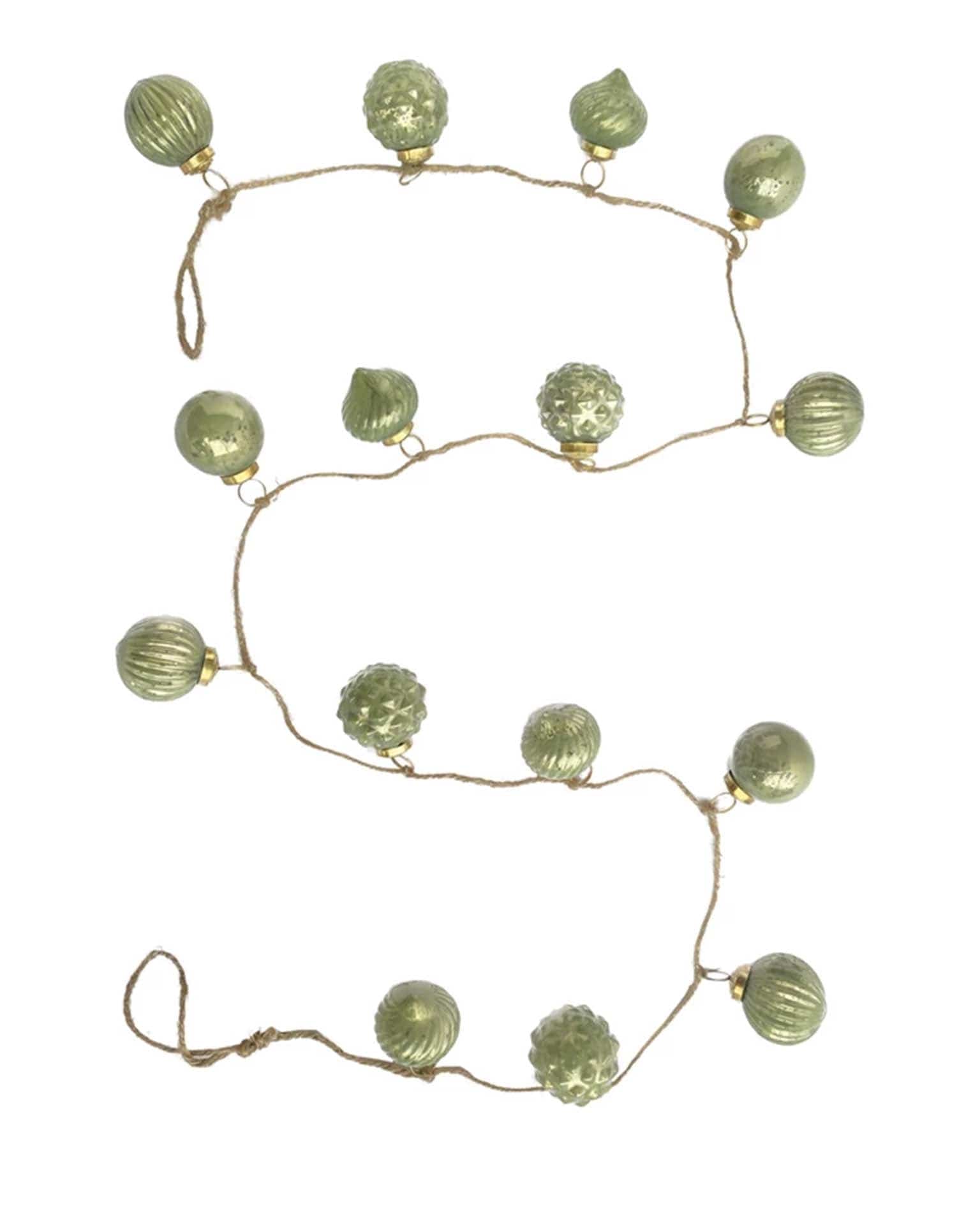 Mercury Glass 2in Ornament Garland, Olive Green on Jute