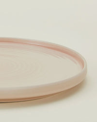 A close-up of a blush-toned stoneware plate with a smooth, slightly raised rim from the Hawkins New York Essential Dinner Plates in Blush - Set of 4, shown against an off-white background.