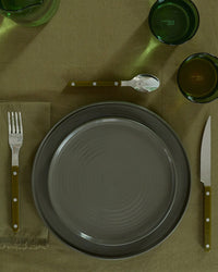The Hawkins New York Essential Dinner Plates in Olive (Set of 4) add style and convenience to your table. Dishwasher safe, they pair perfectly with green glasses, flatware, and a folded napkin on an olive green tablecloth.