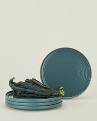 A bundle of kale sits atop a stack of three Hawkins New York Essential Dinner Plates in Peacock (set of 4), with the fourth plate standing upright in the background against a plain backdrop.
