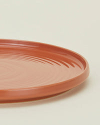 A close-up of Hawkins New York Essential Dinner Plates in Terracotta—this set of 4 stoneware plates features a glossy finish and subtle ridges, adding elegance to any table against a plain light background.