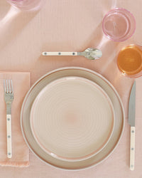 A neatly arranged table features a fork, knife, spoon, Hawkins New York Essential Salad Plates in Blush (set of 4), and two pink-tinted glasses placed on a light pink tablecloth.