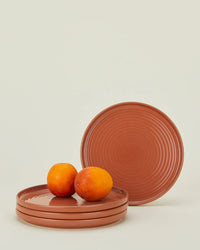 Four Essential Salad Plates in Terracotta by Hawkins New York are stacked, showing their circular ridges, with two oranges on top and one plate upright in the background. This set includes four stoneware plates.
