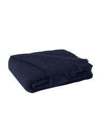 The Lands Downunder Brushed Mohair Throw in Navy, expertly woven in New Zealand, is neatly folded and displayed on a white background.