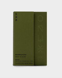 A minimalist green box of Onyx Coffee Lab’s Genmaicha Tea | 15 Sachets (40g), featuring Sencha green tea with toasted nut, steamed rice, and umami notes; Japanese-inspired design with Kyoto-style characters.