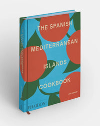 The Spanish Mediterranean Islands Cookbook by Phaidon Press features a blue cover with bold red and green abstract shapes, highlighting Balearic Islands cuisine.