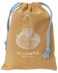 The PILLOWPIA French Market Bag 2Tone in Wheat with French Blue cords is a tan organic cotton drawstring bag, featuring a white printed illustration and Pillowpia New York on the front for classic market style.