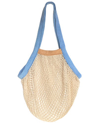 PILLOWPIAs French Market Bag 2Tone in Wheat with French Blue features a reusable organic cotton mesh design, blue handle and trim, shown against a white background.