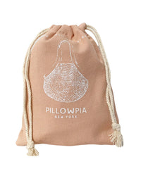 A ballet pink organic cotton bag with white rope cords and a white line drawing of a pear, labeled PILLOWPIA on the front. Product: The French Market Bag No.2 In Ballet Pink by PILLOWPIA.