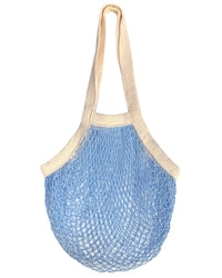 The PILLOWPIA French Market Bag No.2 in French Blue features beige fabric handles and trim, shown hanging against a plain white background.