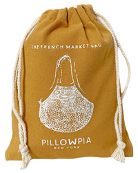 The French Market Bag No.2 in Goldenrod by PILLOWPIA is a mustard yellow reusable shopping bag with white rope handles, featuring a market bag graphic and the text The French Market Bag, Pillowpia New York.