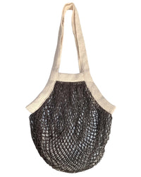 The PILLOWPIA French Market Bag No.2 in Iron is a reusable black organic cotton mesh bag with wide beige handles and trim, shown against a white background.