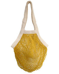 The French Market Bag No.2 in Yolk by PILLOWPIA features a cream handle and border with a yellow organic cotton mesh body for a vintage-inspired, reusable style.