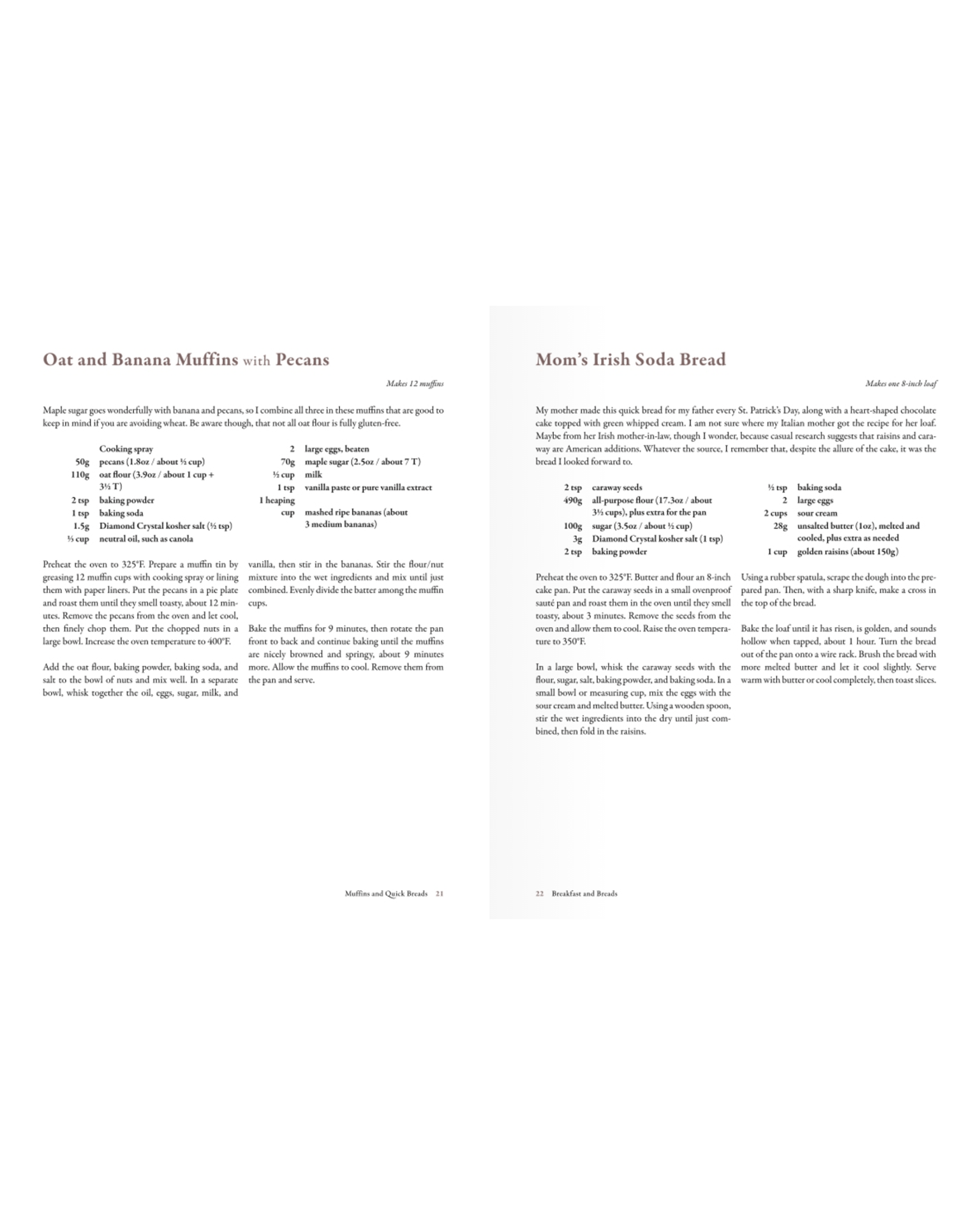 Two pages from Delectable by Random House feature recipes for Oat and Banana Muffins with Pecans and Mom’s Irish Soda Bread, each complete with ingredients and step-by-step instructions—perfect for home baking.