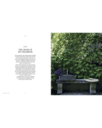 The book Flower Couture by Random House is displayed before a lush ivy wall in a shaded garden, evoking French country charm. Childhood memories are recalled in text on the left side of the scene.