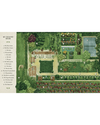 Flower Couture by Random House features an illustrated map of a French country house with labeled gardens for flower arranging, orchards, greenhouse, vegetable patch, tennis court, stable, and lush grounds ideal for entertaining.