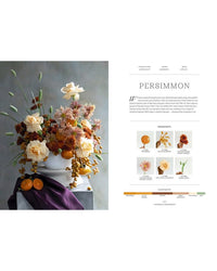 Floral arrangement with persimmons on a gray background, accompanied by a text panel titled 'Persimmon'.