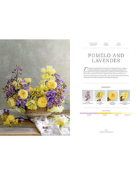 Floral arrangement with yellow and purple flowers on a table, accompanied by text and images of flowers.