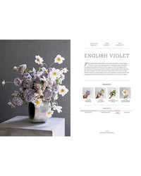 Floral arrangement with English violet and daffodil in a vase on a gray background, accompanied by text and images of flowers.