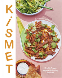 The cover of Kismet by Random House showcases vibrant Mediterranean flavors with vegetable-forward recipes, featuring a fresh salad, herbs, chickpeas, plus the book title and authors names.
