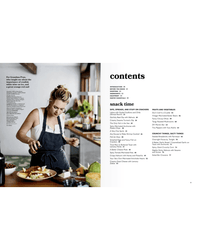 A woman in an apron cooks in a kitchen. The right page shows the table of contents for Nothing Fancy by Random House, highlighting “snack time” and simple entertaining recipes.